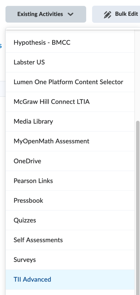 Screenshot showing "TII Advanced" under "Existing Activities" in Content